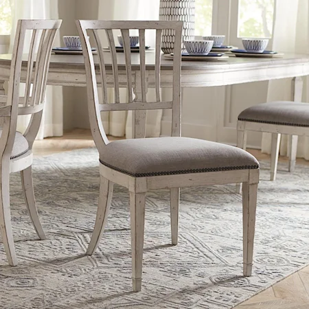 Cottage Upholstered Dining Side Chair with Weathered Finish